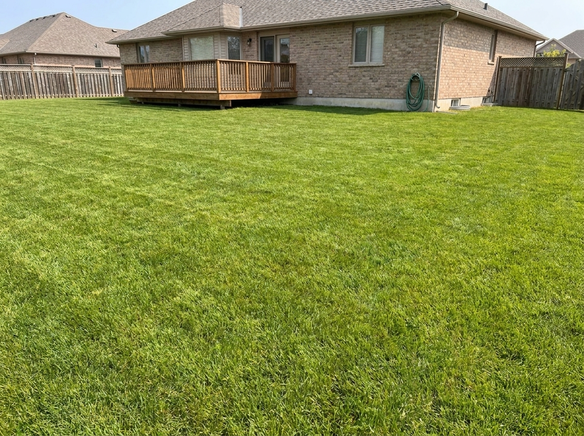 Same yard restored to a lush, healthy green lawn after drain field repair