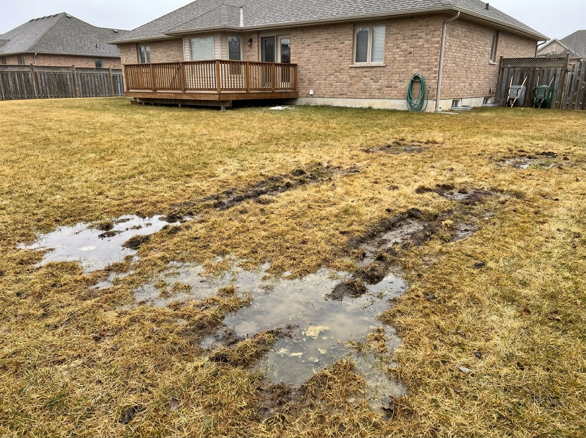Soggy, wet patch of lawn over a failing septic drain field, before repair