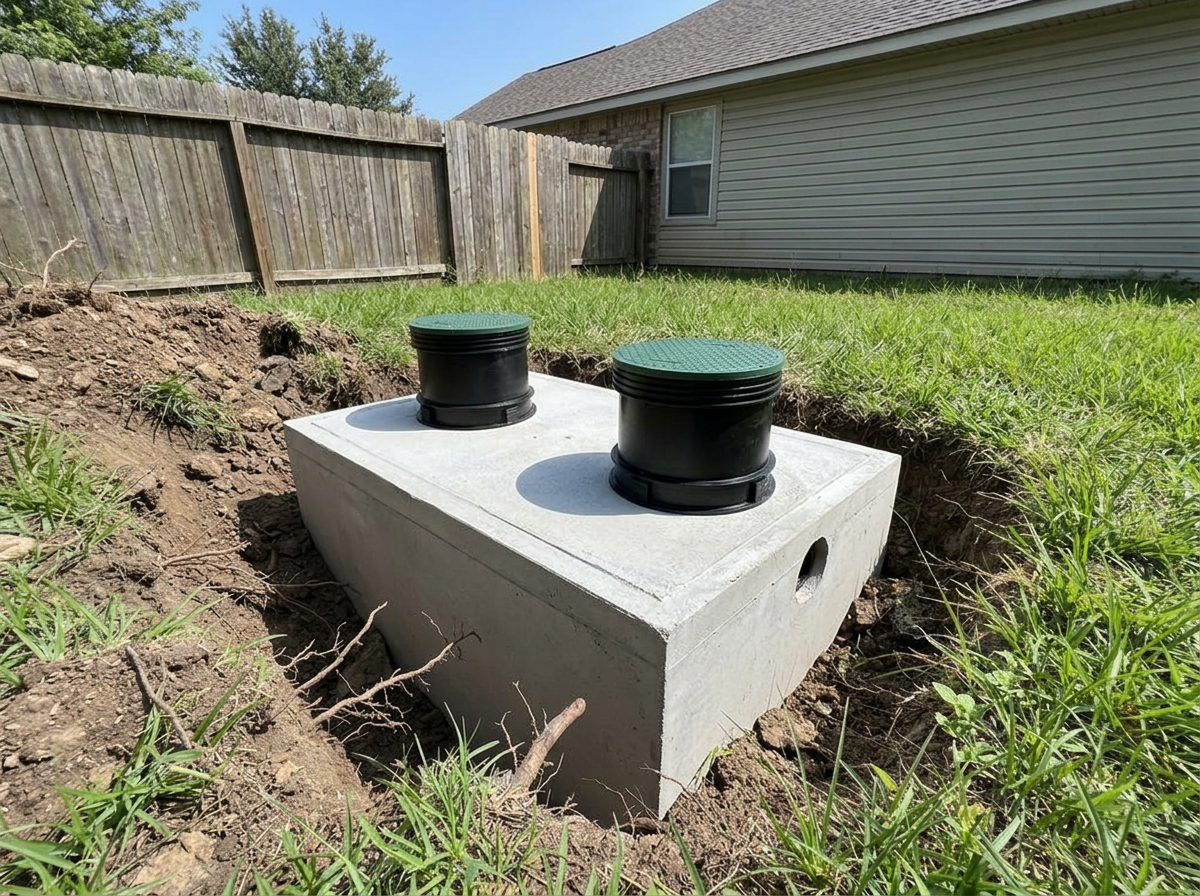 New clean concrete septic tank installed and backfilled