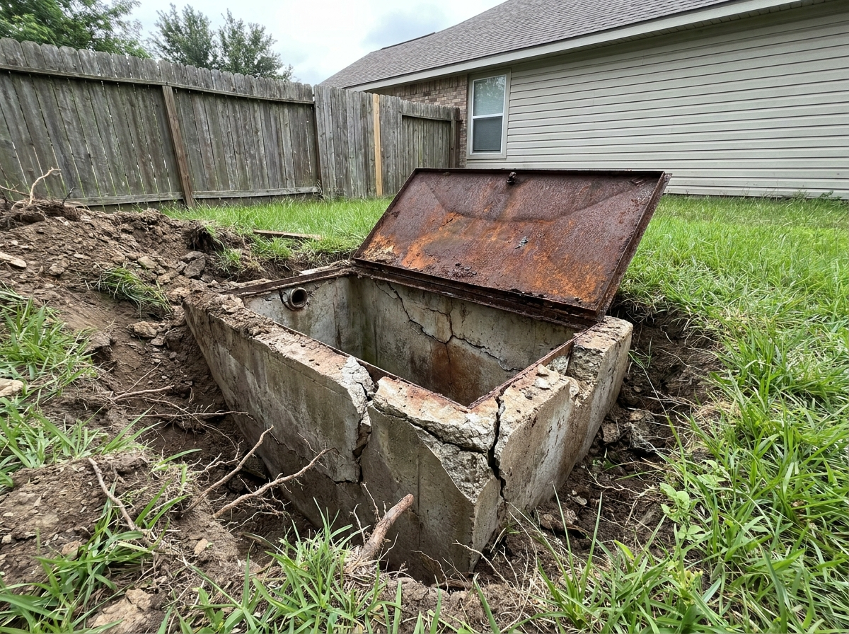 Old, cracked concrete septic tank exposed and ready for replacement