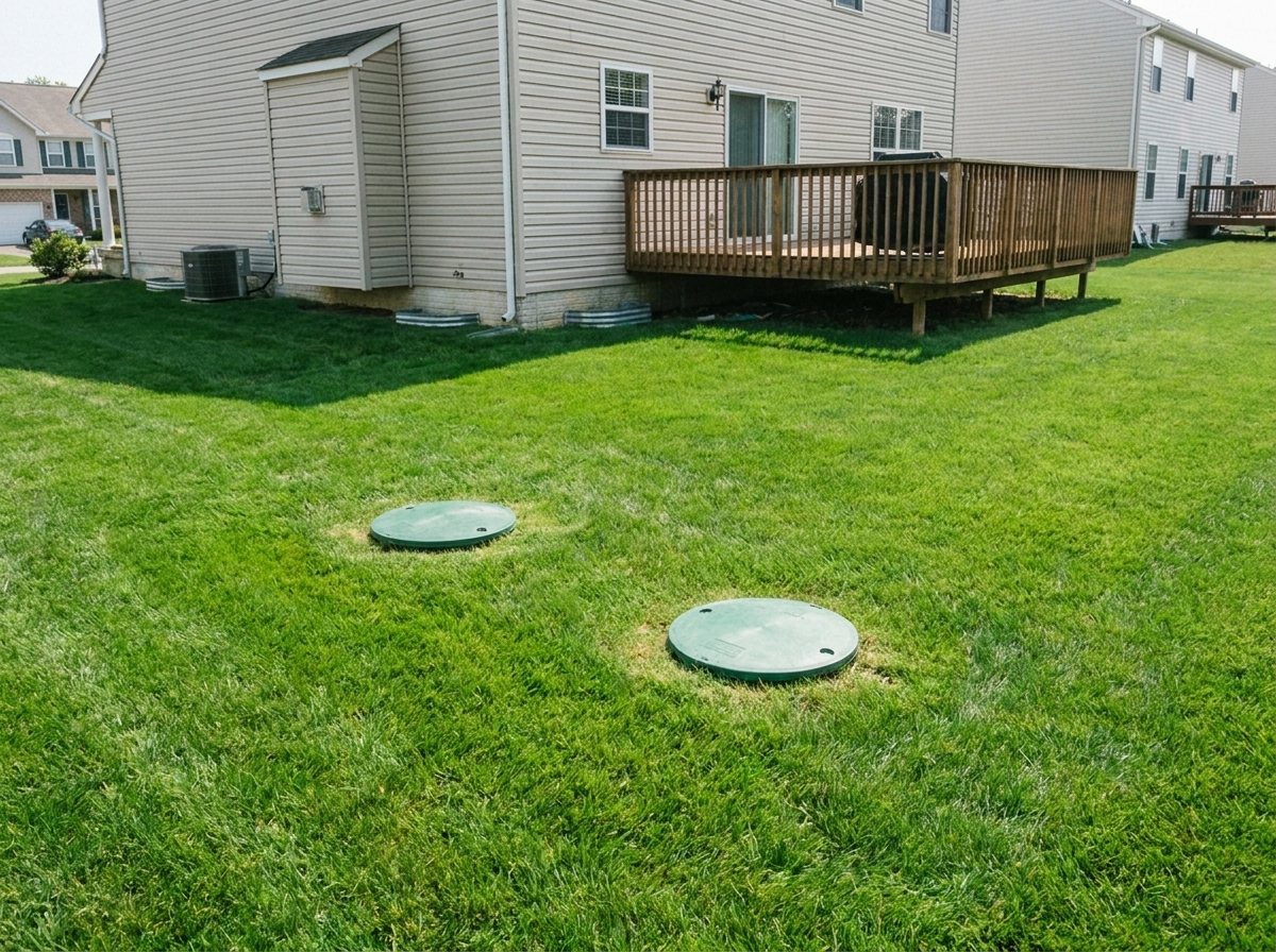 Same area restored to tidy green lawn with flush, clean access lids