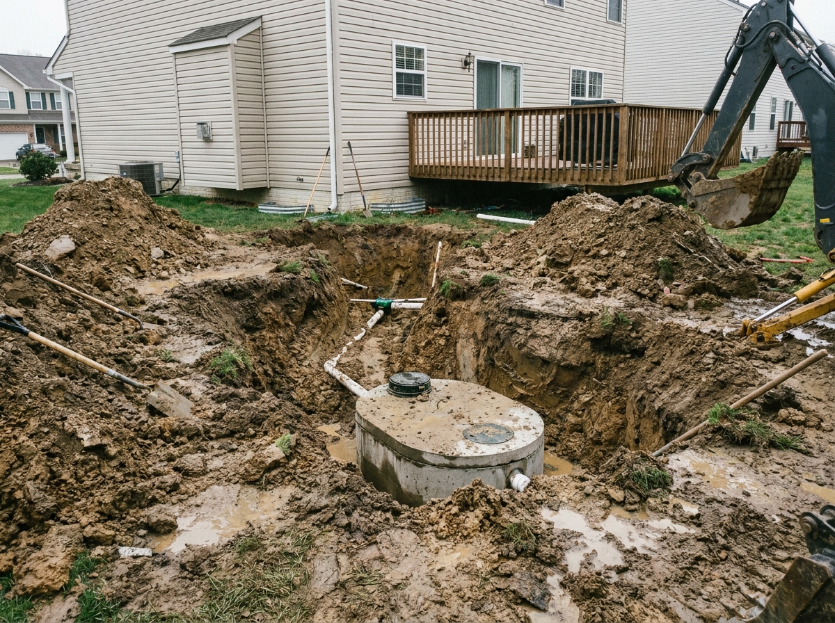 Torn-up, muddy dig area over a septic tank during service